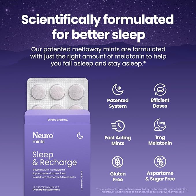 Neuro Rest &amp Relaxation Set – 1mg Melatonin Meltaway Mints (72 Pieces) + Extended Supply Melatonin Tablets (144 Pieces) – Sugar Free Fast-Dissolving Nighttime Aid with Chamomile Lemon Balm &amp