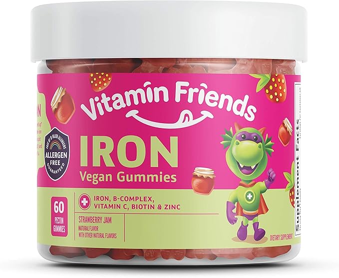 Vitamin Friends - Vegan Multivitamin &amp Iron for Kids - Daily Nutritional Support Gummies w/Ferrous Fumarate B-Complex Vitamin C Zinc Biotin - Body Function &amp Anemia - Strawberry Jam(60 Day