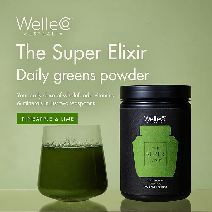 WelleCo The Super Elixir Daily Greens Powder Probiotic Drink Mix with Whole Foods Gluten Free Vegan Gut Health Powder Energy Immunity Healthy Skin Hair &amp Nails (Jar Pineapple &amp Lime Ja