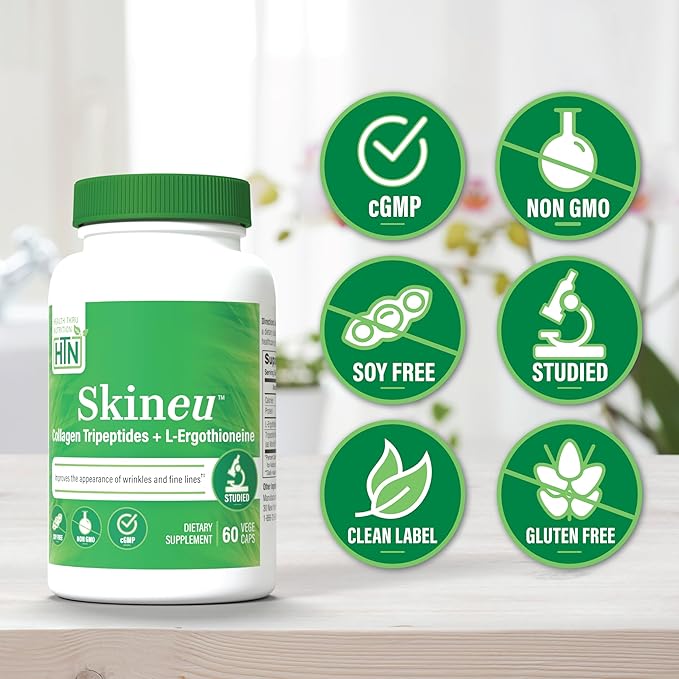 Skineu Collagen Tripeptide + L-Ergothioneine | Advanced Anti-Aging Formula | Morikol® Marine Collagen | Supports Skin Hydration Elasticity &amp Joint Health | Non-GMO &amp Gluten-Free | 60 VegeCaps