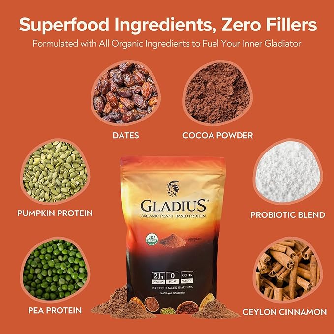 GLADIUS Organic Plant Based Protein Powder | Chocolate | 15 Servings | 21g of Protein | Plant Based | No Sugars Added | Rich in Probiotics