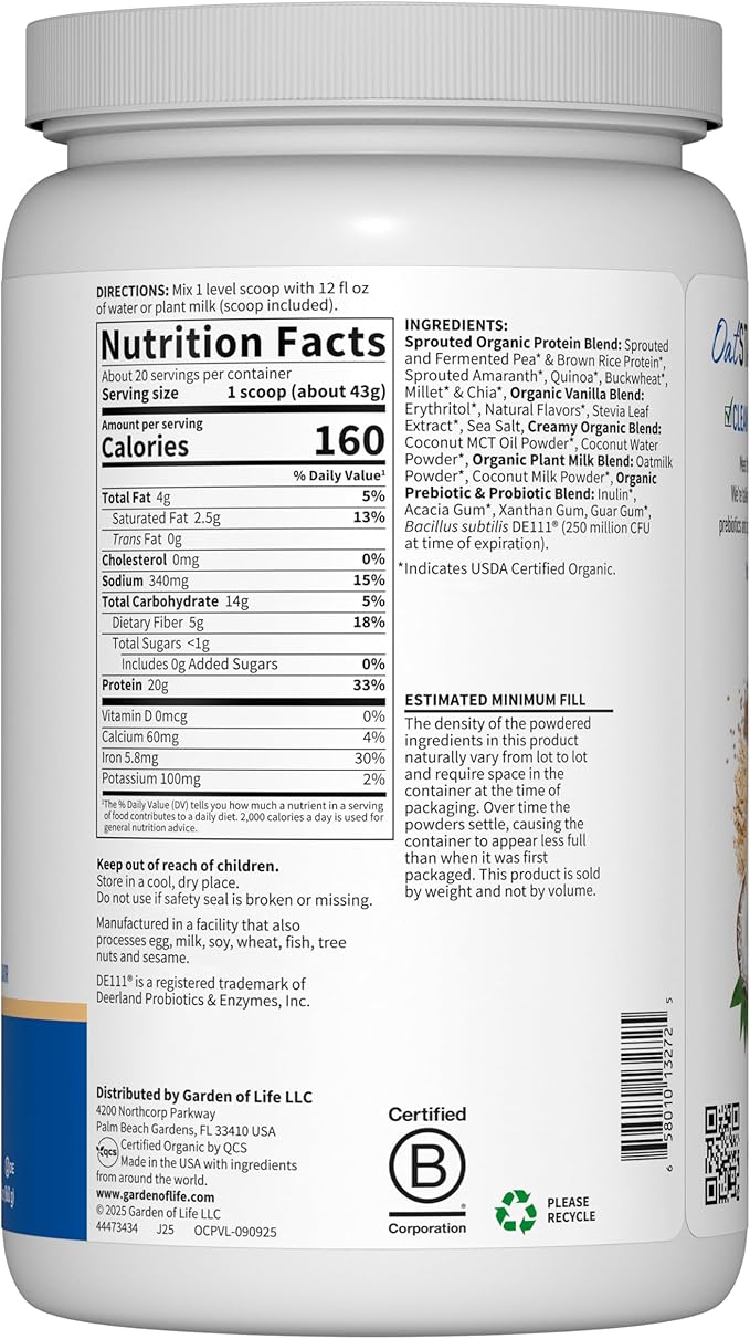 Garden of Life Creamy Plant Protein + Oat Milk Powder + Vanilla Flavor Vegan Protein Powder – Plant Based Prebiotics &amp Probiotics Gluten-Free Non-GMO Vanilla Cookie Flavor 2 LBS