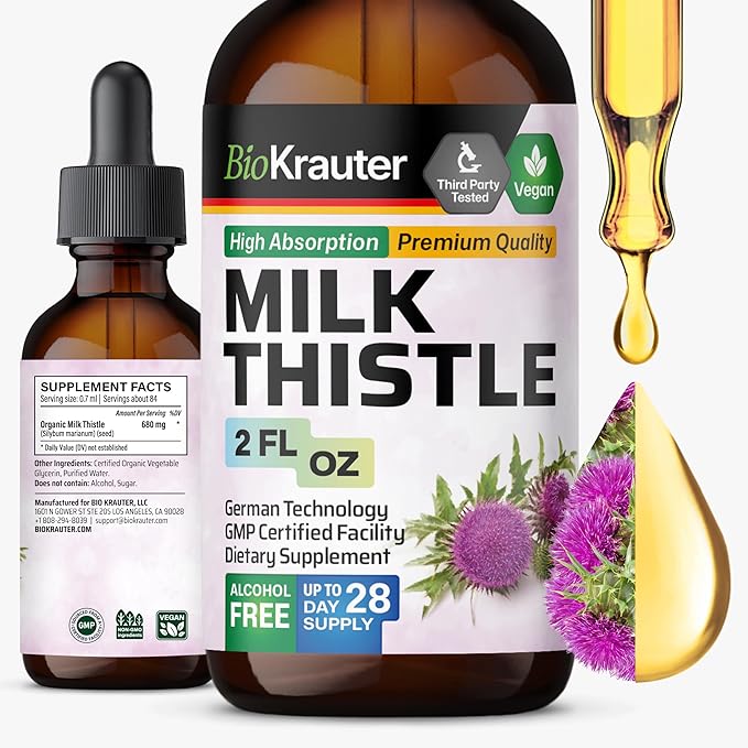 BIO KRAUTER® Milk Thistle Supplement - Liquid Pure Vegan Milk Thistle Extract 680 mg per Serving 2 Fl.Oz 28 Days of Supply - Liver Cleanse &amp Detox Сontains Silymarin - Alcohol &amp Sugar Free
