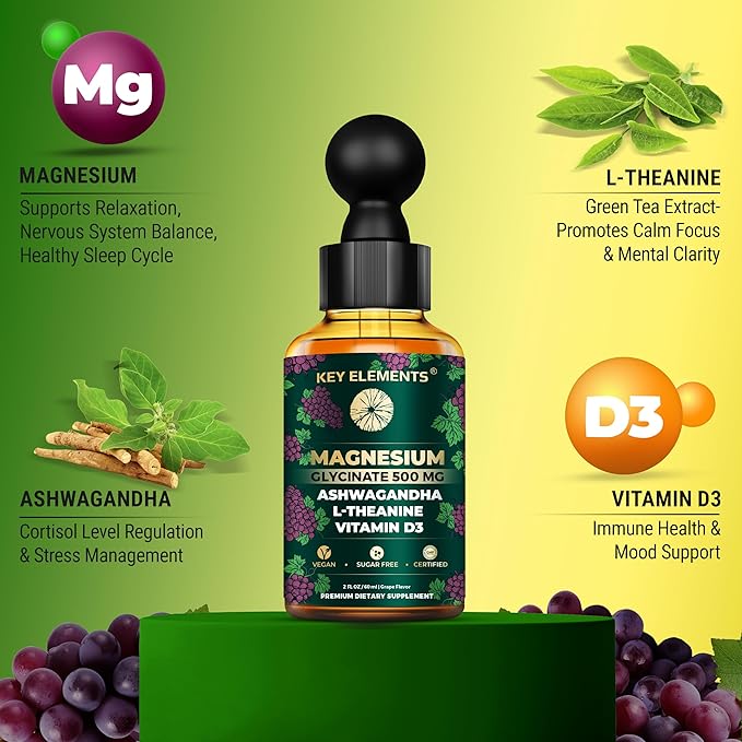 Liquid Magnesium Glycinate 500mg | Ashwagandha with L Theanine and Vitamin D3 Magnesium Supplement | Ashwagandha and Magnesium with L-Theanine | Stress Relief Sleep and Calm