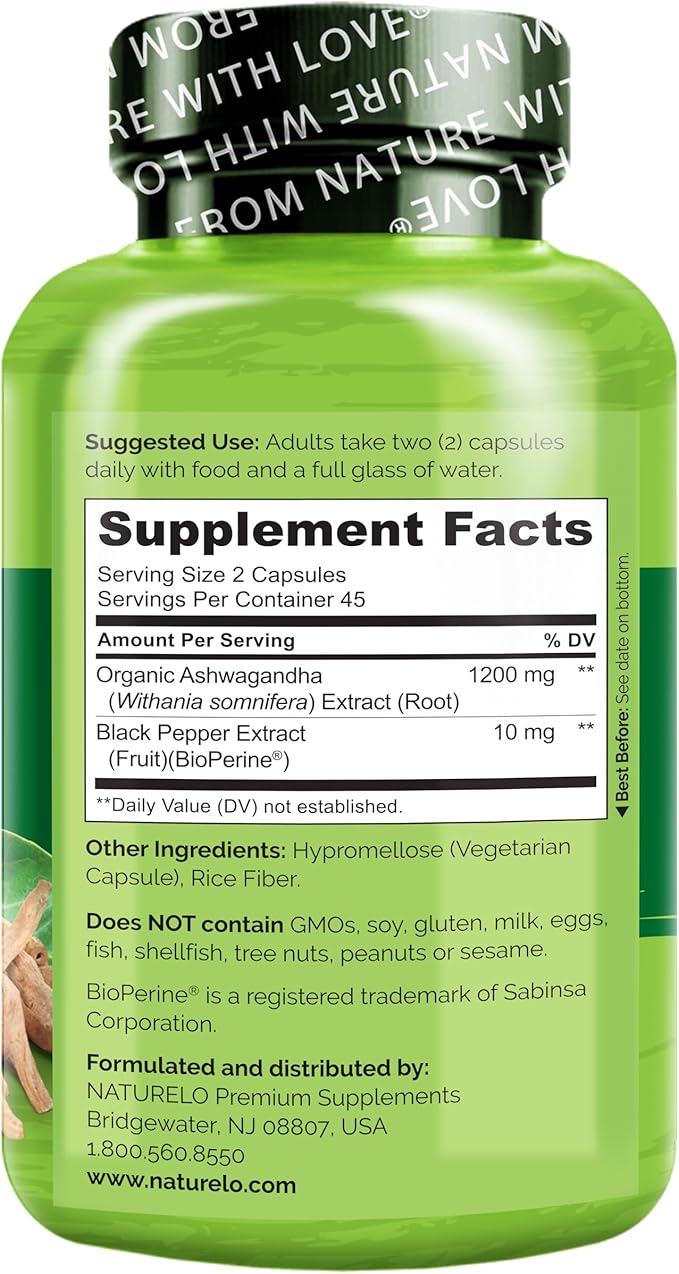 NATURELO Ashwagandha Organic Root Powder - Natural Herbs Supplement for Fatigue Stress Relief Mood Enhancer - with Black Pepper Extract - 90 Vegan Capsules
