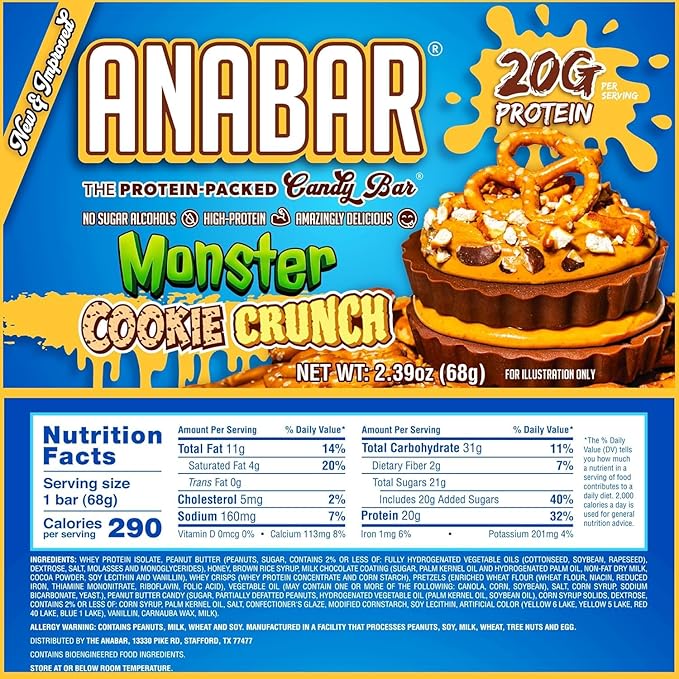 Anabar Protein Bar The Protein-Packed Candy Bar Amazing Tasting Protein Bar No Sugar Alcohols High Protein Amazingly Delicious 20 Grams of Protein (12 Bars Monster Cookie Crunch)