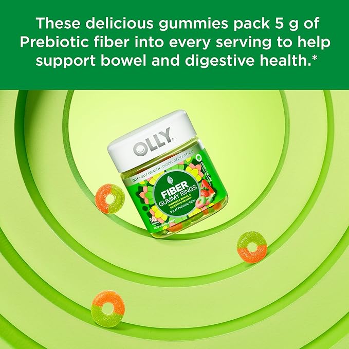 OLLY Fiber Gummy Rings 5g Prebiotic Fiber FOS (Fructo-oligosaccharides) Digestive Support Berry Melon 50ct &amp Keep it Moving Constipation Relief Rhubarb Prunes Amla - Plum Berry Flavor - 30c