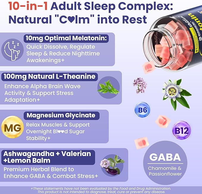 Melatonin Gummies 10mg 20mg with Magnesium for Adults | Drug Free | Sugar Free | L-Theanine Ashwagandha B6 B12 Lemon Balm &amp Chamomile Supports Deep Relaxation Sleep Aid 120 Cts