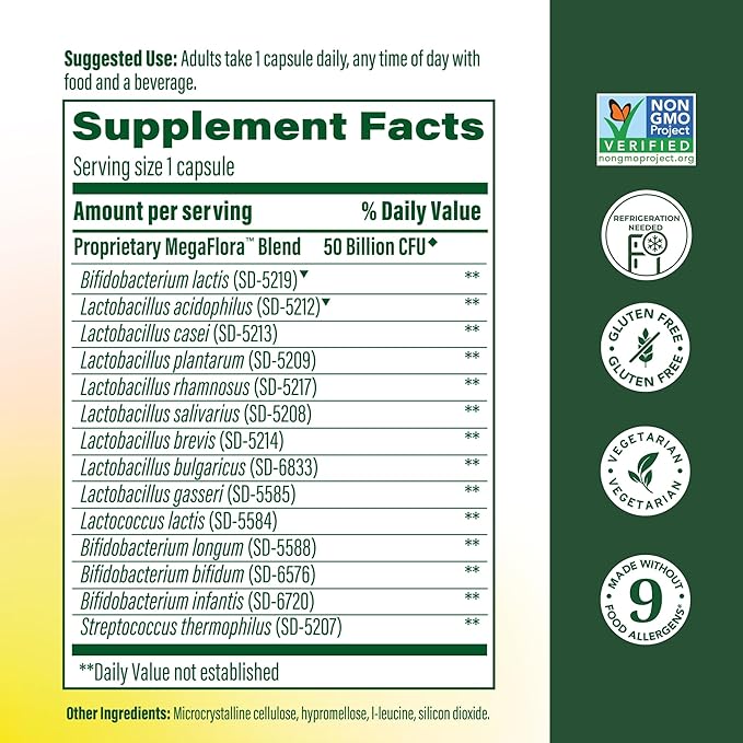 MegaFood MegaFlora Probiotic Plus - Probiotics for Women and Men Digestive Health - 50 Billion CFUs &amp 14 Strains - Immune Support Supplement - Vegetarian - 60 Capsules