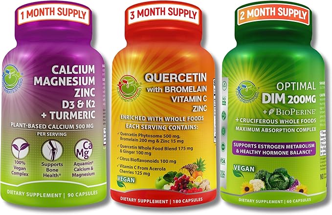 Vegan Bone Immune &amp Hormonal Support Trio – Plant-Based Calcium Magnesium Zinc + D3 K2 &amp Turmeric + Quercetin with Bromelain Vitamin C Zinc + DIM 200mg &amp BioPerine® in Delayed-Relea