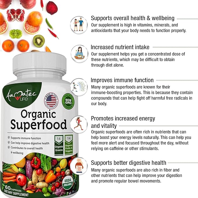 Organic Superfood Greens Fruits and Veggies Complex - Dietary Supplement with 14 Greens and 14 Fruits &amp Vegetables with Alfalfa Rich in Antioxidant Organic Ingredients Non-GMO 60 Count