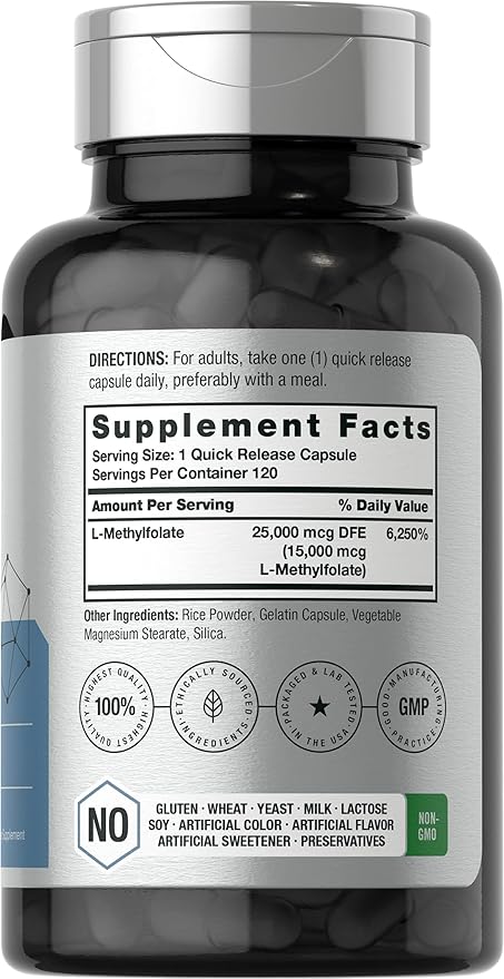 Horbäach L Methylfolate 15000 mcg | 120 Capsules | 15mg Methyl Folate | 5-MTHF | Non-GMO Gluten Free Supplement