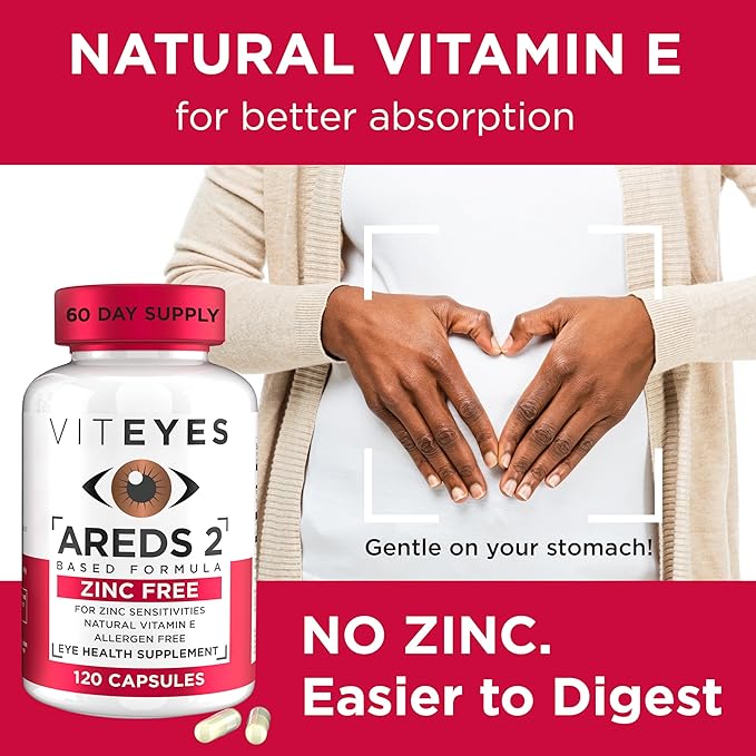 Viteyes AREDS 2 Zinc Free Macular Support Natural Allergen Free Capsules with Vitamin E Vitamin C Lutein &amp Zeaxanthin No Zinc No Copper Eye Doctor Trusted Manufactured in The USA 120 Ct