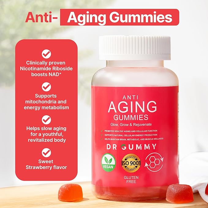 Anti-Aging Gummies with Nicotinamide Riboside (NR) – NAD⁺ Support for Cellular Energy &amp Mitochondrial Health – Metabolism &amp Vitality Support – Strawberry Flavor 60 Gummies