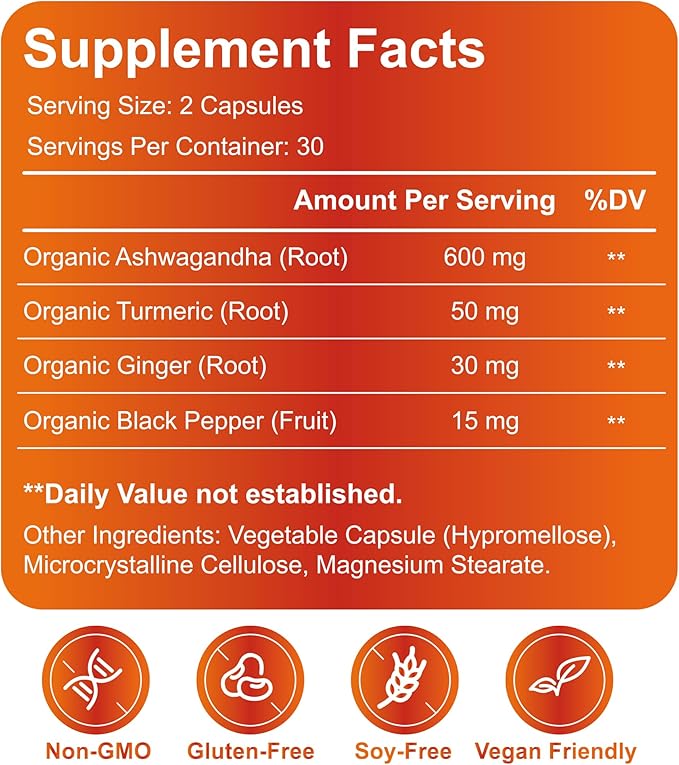 ANPOMER Organic Ashwagandha Supplement - with Turmeric Ginger &amp Black Pepper - 600mg Root Extract for Daily Stress Support &amp Energy Balance - 60 Vegan Capsules