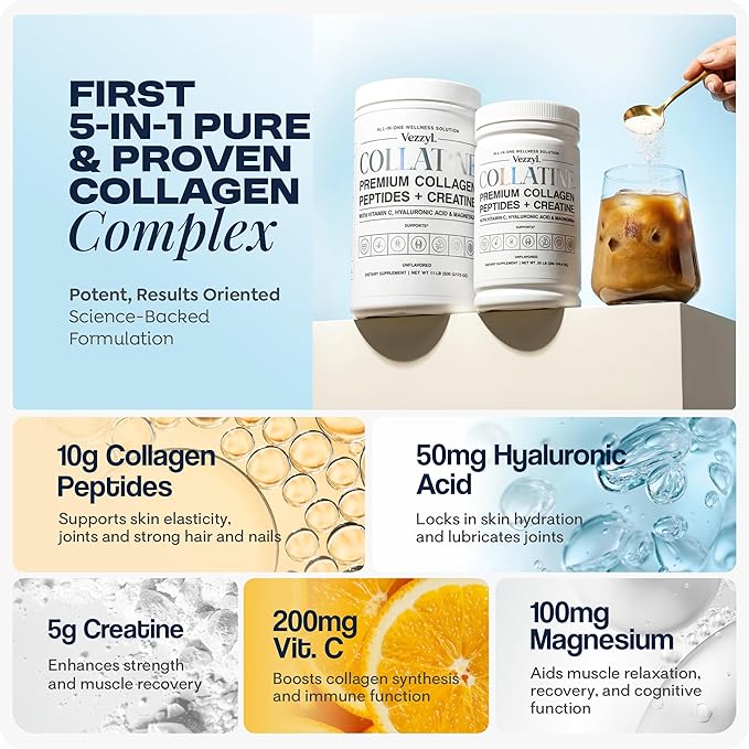 Collatine - Premium Collagen Peptides + Creatine with Vitamin C Hyaluronic Acid and Magnesium for Skin Hair Nails Bone &amp Joint Muscle Immune and Cognitive Aid (1.1 LB (500 G/17.6 OZ)