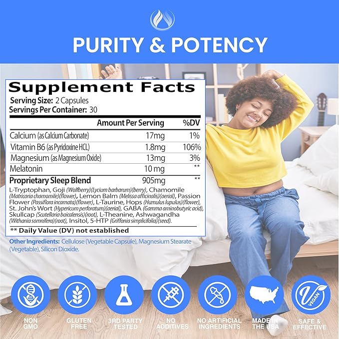 THE ENCLARE NUTRITION Melatonin 10mg Sleep Aid for Adults with Ashwagandha GABA 5HTP L Theanine Vitamin B6 Inositol Calcium Magnesium Natural Sleep Support Supplement Vegan 60ct. (1)