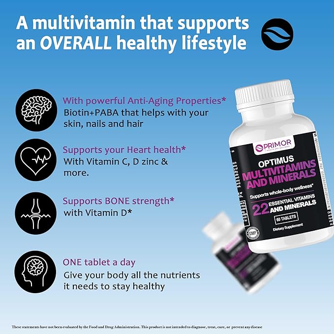 Multivitamin &amp Minerals One Tablet per Day Packed with 22 Essential – Immune Support | Energy Metabolism | Bone Health | Cognitive Support and More…– for Women &amp Men | 60 Count