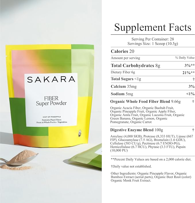 SAKARA Fiber Super Powder - Pineapple Flavor Prebiotic Fiber Powder High Fiber &amp Digestive Enzymes Organic Fiber Supplement Powder Daily Fiber Drink Acacia Fiber Powder
