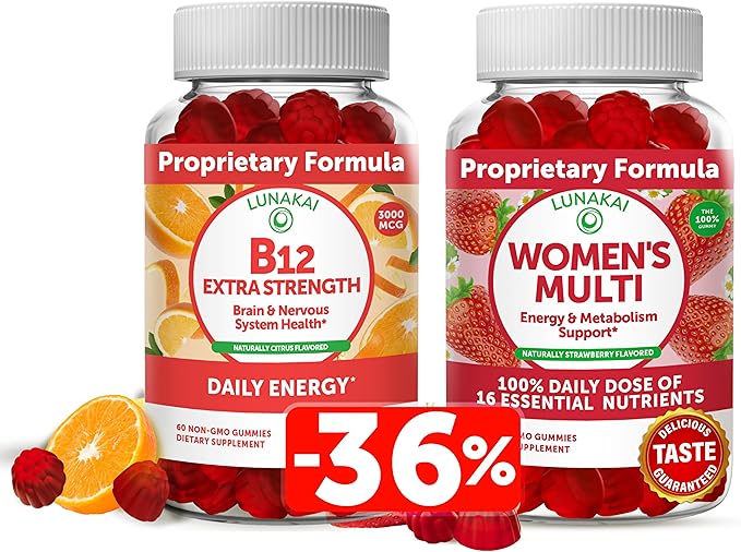 Lunakai Vitamin B12 and Women's Multivitamin Gummies Bundle - Non-GMO &amp Vegan Supplement for Energy Support and Bone Health - 100% Daily Value of 16 Essential Vitamins and Minerals - 30 Days Suppl