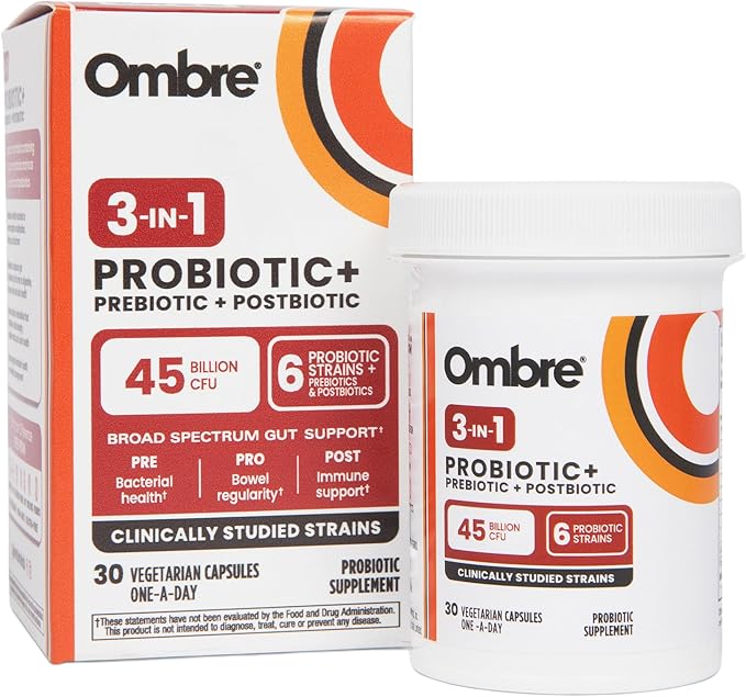 Ombre 3-in-1 Probiotic Prebiotic and Postbiotic for Digestive Health &amp Gut Health - 45 Billion CFU - Bloating Constipation &amp Gas Relief - Metabolic &amp Immune Support for Women &amp Men