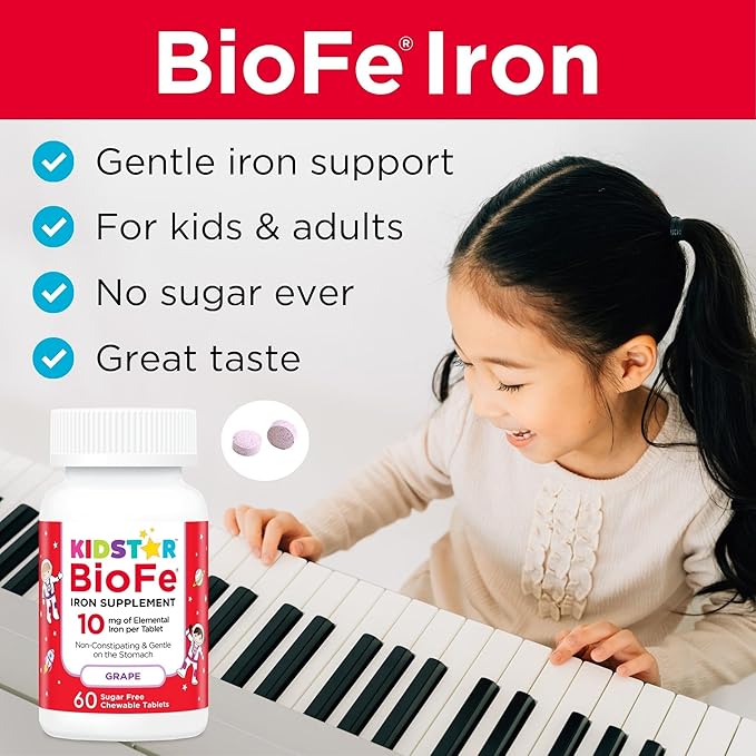 KidStar Nutrients BioFe Pure Iron Chewables Natural Grape Flavour 10 Mg Iron Per Tablet No Sugar 60 Chewable Tablets