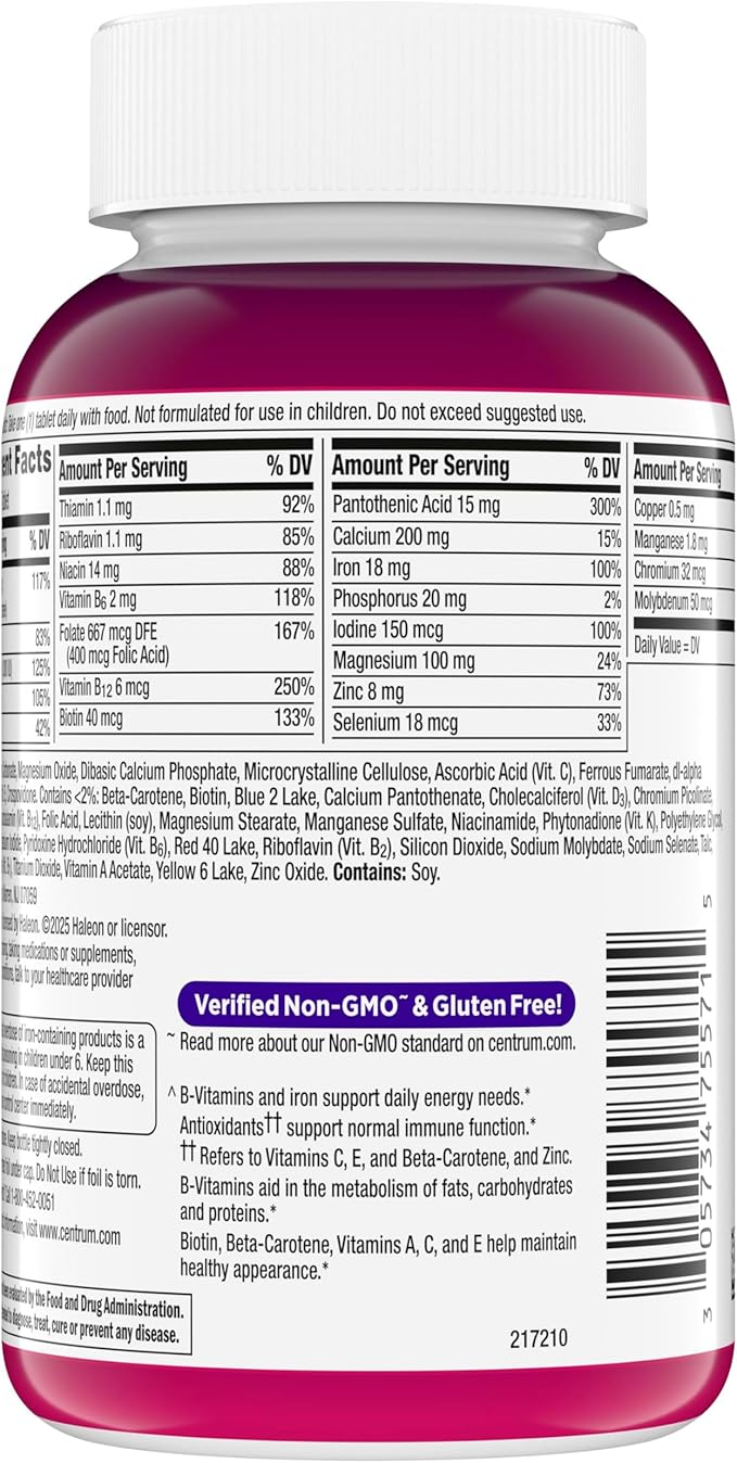 Centrum Multivitamin Tablet for Women Multivitamin/Multimineral Supplement with Iron Vitamin D3 B Vitamins and Antioxidant Vitamins C and E Gluten Free Non-GMO Ingredients - 200 Count