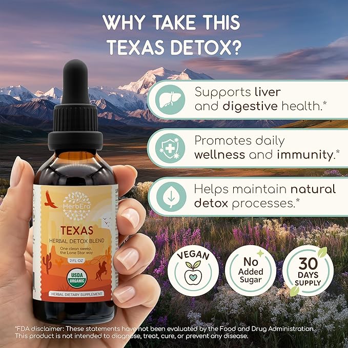HerbEra Texas Herbal Detox Blend - USDA Organic Extract Made in USA | Immune &amp Liver Support Liquid Drops | Burdock Dandelion Root Milk Thistle Hibiscus Rosemary Spirulina | 2 fl oz