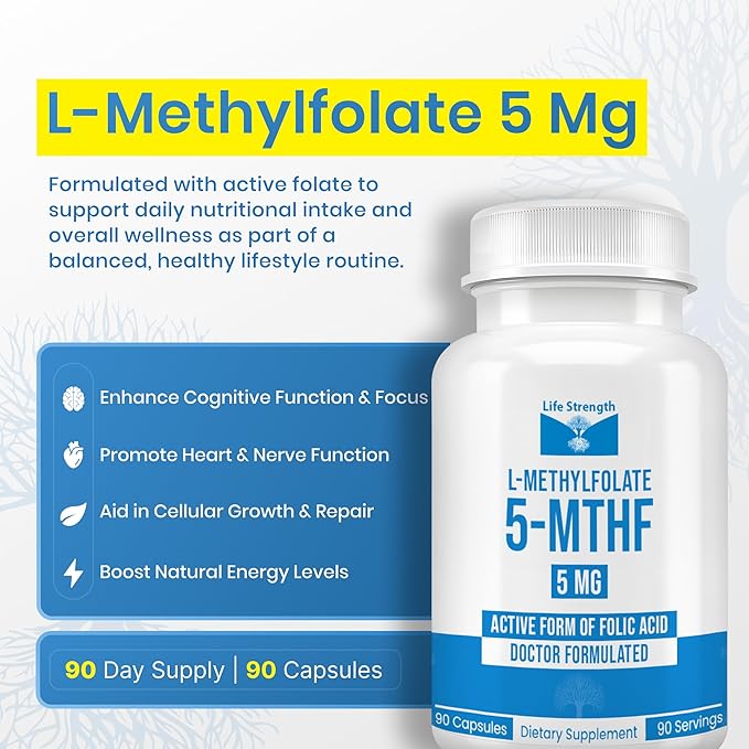 L Methylfolate 5mg | 90 Capsules | Optimized &amp Highly Bioactive Methyl Folate Supplement | 5-MTHF Supports for Energy Focus &amp Mood | Non-GMO Gluten Free Vegan | 3 Month Supply