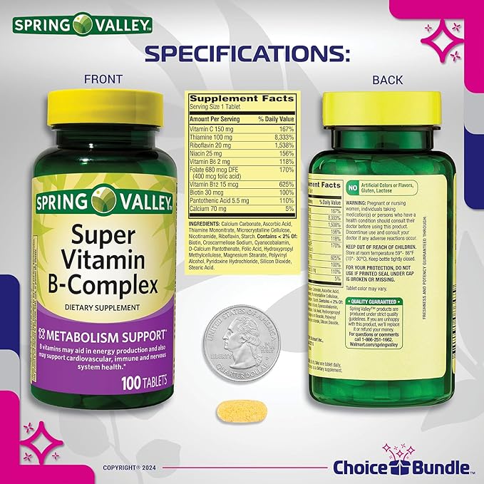 Spring Valley Super Vitamin B-Complex Tablets Metabolism Support 100 Ct 4 pk (400 Total) + Vitamin Vitality &amp Pill Container (6 Items)!