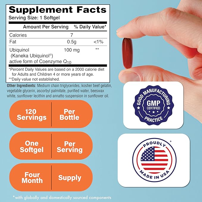 Health Thru Nutrition Ubiquinol 100mg 120 Softgels as Kaneka QH Reduced CoQ-10 | Stabilized - 3rd Party Tested | Enhanced Bioavailability | Cardiovascular &amp Mitochondria Function Support | Non-GMO