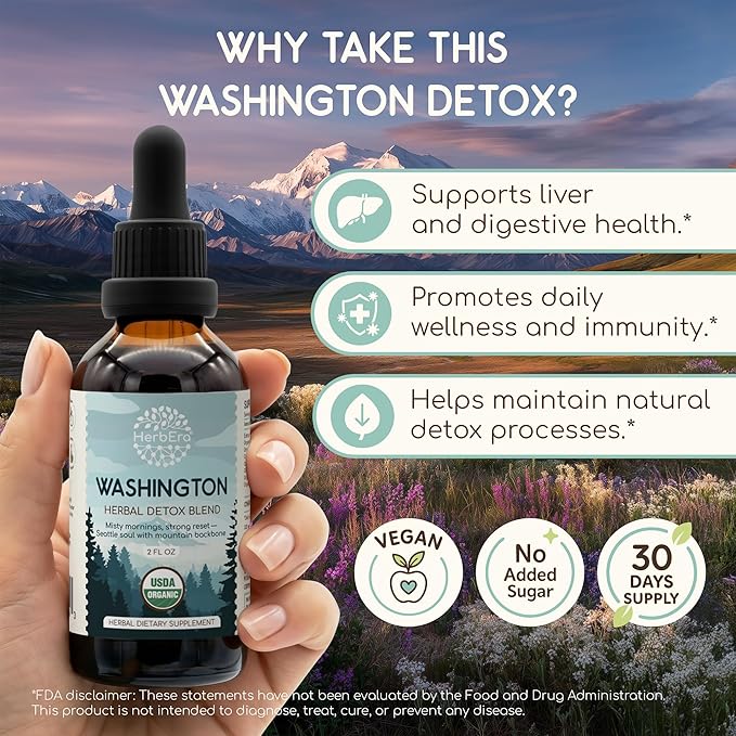 HerbEra Washington Herbal Detox Blend - USDA Organic Extract Made in USA | Immune &amp Liver Support Liquid Drops | Dandelion Root Milk Thistle Noni Rhodiola Schisandra | 2 fl oz