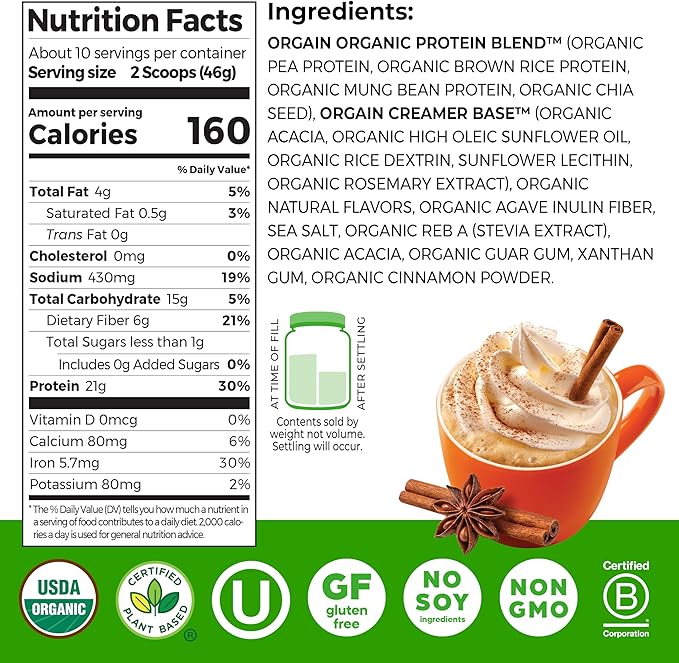 Orgain Organic Vegan Protein Powder Pumpkin Spice Seasonal Flavor - 21g of Plant Protein 5g Prebiotic Fiber No Lactose Ingredients No Added Sugar Non-GMO For Shakes &amp Smoothies 1.02 lb