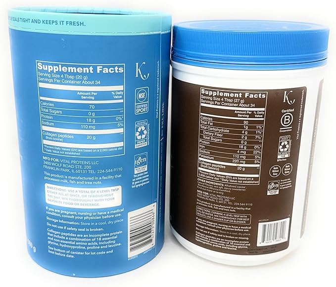 Vital Proteins Collagen Peptides Powder Promotes Hair Nail Skin Bone and Joint Health UNFLAVORED 24OZ &amp Chocolate 32OZ (Variety)
