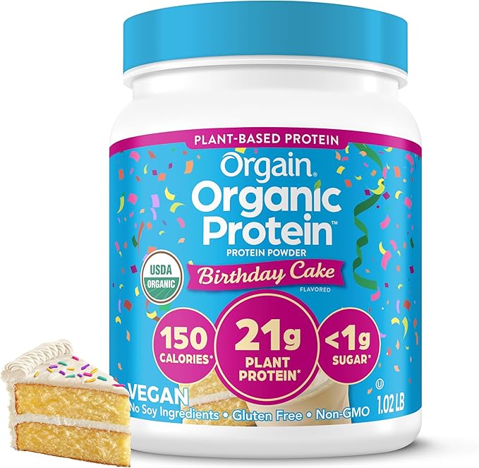 Orgain Organic Vegan Protein Powder Birthday Cake - 21g Plant Based Protein 7g Prebiotic Fiber Low Net Carb No Lactose Ingredients No Added Sugar Non-GMO for Shakes &amp Smoothies 1.02 lb