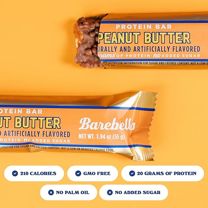 Barebells Protein Bars Peanut Butter - 12 Count 20g High Protein Treats - Chocolate Nutrition Bar with 1g Total Sugars - On-The-Go Breakfast or Post-Workout Snack