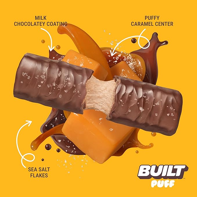 BUILT Bar Puff Protein Bars - Salted Caramel - 17g Protein Snack Bars with Collagen - Calorie Conscious &amp Gluten Free - 12 Count