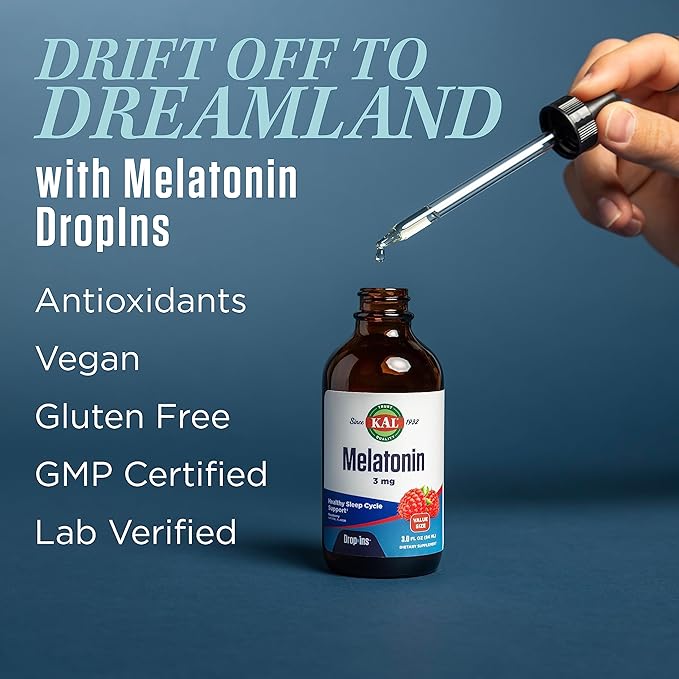 KAL Melatonin 3mg DropIns Fast Acting Sleep Aid Melatonin Drops for Calming Relaxation and Healthy Sleep Cycle Support Natural Raspberry Flavor 60 Day Guarantee Approx. 88 Servings 3 fl oz