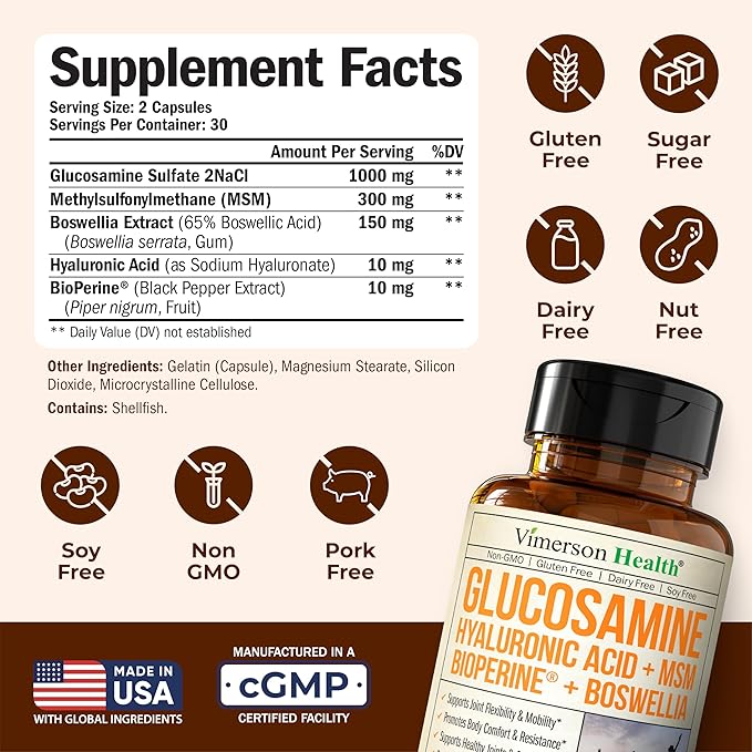 Joint Support Supplement with Glucosamine Sulfate Hyaluronic Acid Boswellia &amp MSM – Supports Joint Health Mobility &amp Bone Strength – for Daily Use – FSA Eligible 60 Capsules