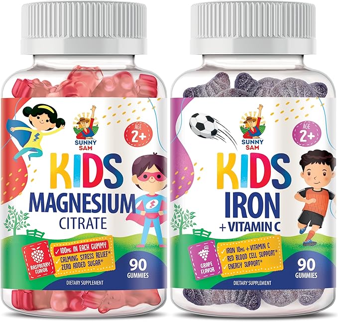 SUNNY SAM Iron Gummies for Kids &amp Magnesium Gummies for Kids &amp Adults - 100mg - Calm Magnesium Chews