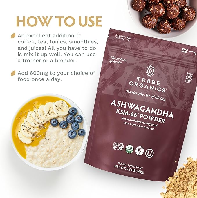 TRIBE ORGANICS KSM-66 Ashwagandha Root Extract Powder Ayurvedic Herb for Mood Support | Increase Energy | Strength - Organic | Natural | Gluten Free | Non GMO | Full-Spectrum - 100g Pouch