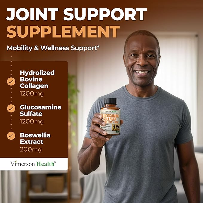 Glucosamine Chondroitin MSM with Hydrolyzed Collagen Peptides - Joint Support Supplement with Quercetin Bromelain &amp Boswellia Extract - Collagen pills for Hair Skin Nails - FSA Eligible 120 Caps