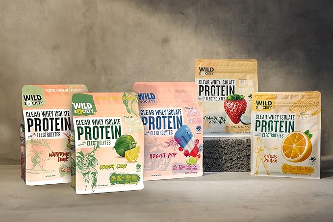 WILD SOCIETY - Clear Protein Powder + Electrolytes - 20g Clear Whey Protein Isolate Drink - Zero Sugar - 0g Lactose - Natural Flavors &amp Colors - Muscle Post Workout Recovery - Citrus Punch 16 oz