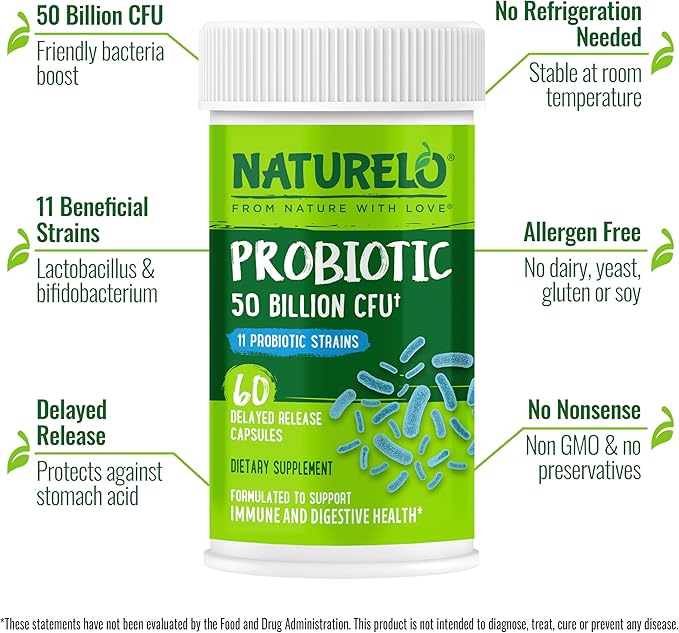 NATURELO Probiotics for Digestive Health - 60 Vegetarian Capsules and Magnesium Glycinate Chelate Complex - 120 Capsules Bundle
