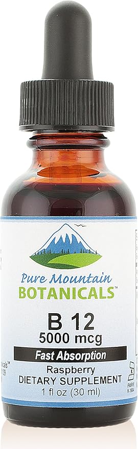 Pure Mountain Botanicals B12 Vitamin 5000 mcg – Kosher B12 Drops in 1oz Bottle with Natural Berry Flavor