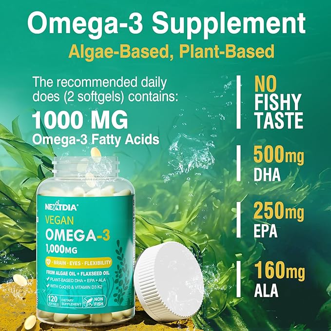 2 Pack Vegan Omega 3 D3 K2 CoQ10 Supplement Plant Based DHA EPA ALA for Women Men Omega 3 Organic Algae Flaxseed Oil Supplement for Bone Brain Eye &amp Immune Support No Carrageenan 240 Softgel