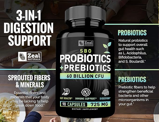 Probiotics and Prebiotics + SBO Probiotics (60 Billion CFU | 90 Capsules) Acidophilus Probiotic w. Saccharomyces Boulardii Bifidobacterium + Spore Probiotic &amp Organic Sprouted Prebiotic Fiber Ble