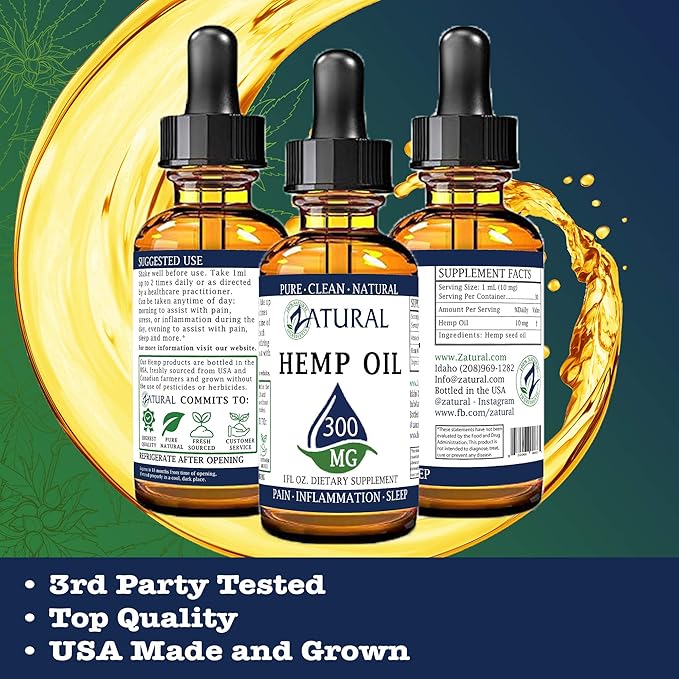 3000mg Zatural Hemp Oil Drops: Hemp Seed Oil | Rich in Omega 3 &amp 6 (3000mg Natural)