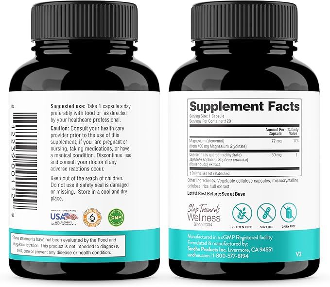 Sandhu's Quercetin with Bromelain &amp Magnesium Glycinate Complex with Quercetin Capsules | Supports Immune Muscle Health &amp Quality Sleep