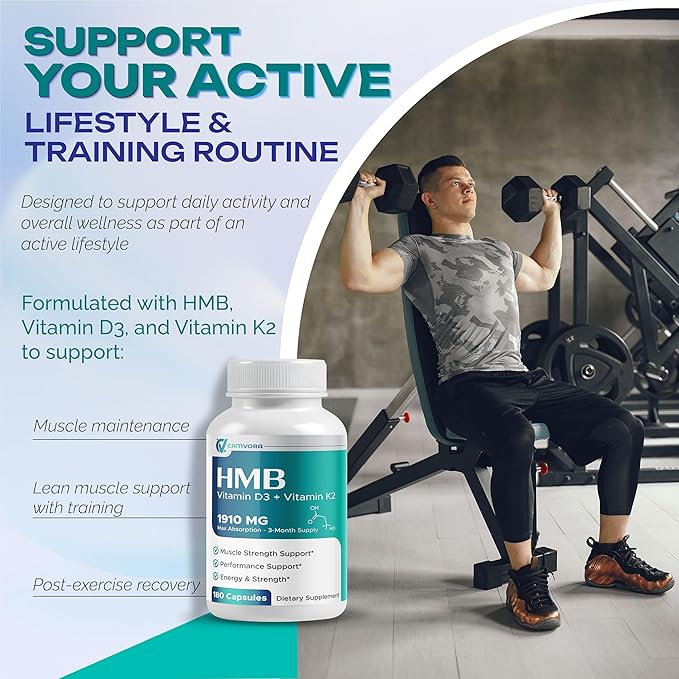 Liposomal HMB + Vitamin D3 &amp K2 – 1910mg Max Absorption – Muscle Energy &amp Performance Support – 3-Month Supply – 180 Capsules – Non-GMO Gluten-Free
